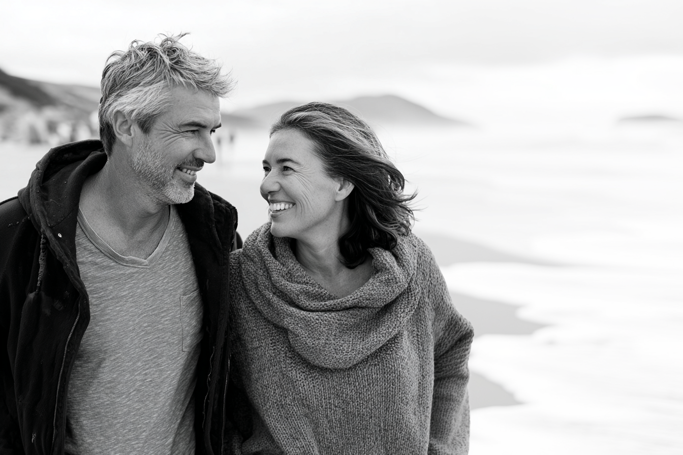 man and woman walking down the beach in new zealand